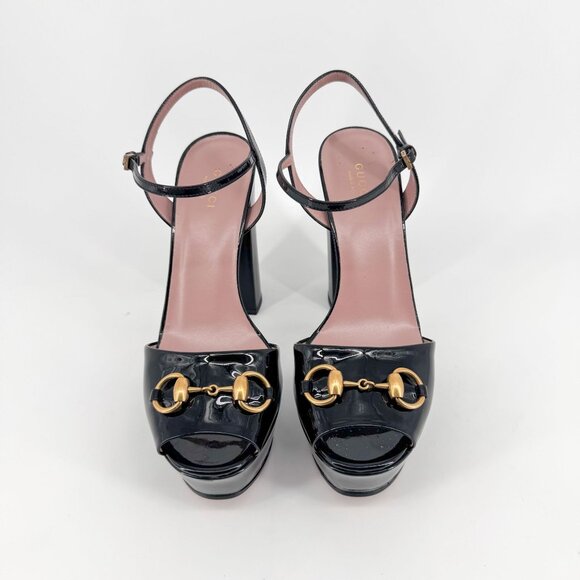 Gucci Claudie Horsebit Platform Heels Black Patent Leather Size 38 US 8 Sandals - Picture 2 of 13